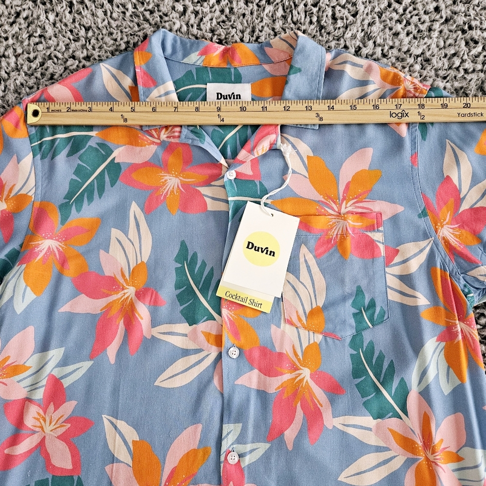 Duvin Mens Hawaiian Shirt Medium M Short Sleeve Button Up Floral Tropical Beach - Picture 10 of 14